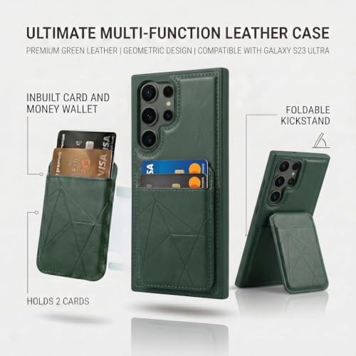 Image of amazon basics Premium Vegan Leather Back Cover with Card Holder and Integrated Mobile Stand for Samsung Galaxy S23 Ultra 5G - Slim Shockproof Wallet Case with Geometric Stitching [Green]
