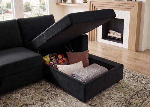 Image of HONBAY Sectional Sleeper Sofa with Pull Out Bed U-Shape Sectional Couch with Storage Chaise 6 Seater Sleeper Sectional Sofa Bed, Velvet Black