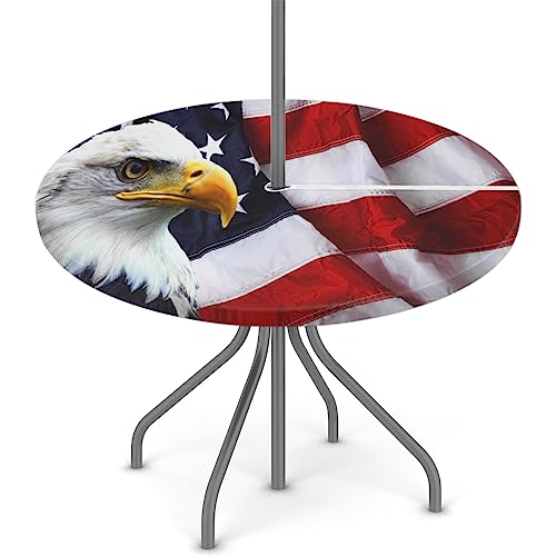 XMNYGJ 4th of July American Eagles Round Fitted Tablecloth with Umbrella Hole Zipper for Patio Picnic Tables Elastic Outdoor Table Cover Waterproof and Stain Resistant 45-56 Inch