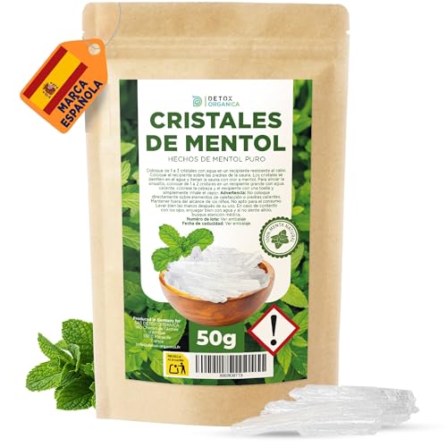 Detox Organica Cristales de Mentol 50g - Hechos 100% de Pura Menta - Menthol Crystals Ideales como Infusión para el Sauna, Baño, Congestión Nasal - Hechos en Alemania