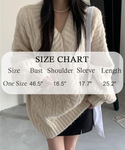 Image of Women's Y2K Oversized Chunky Cable Knit Sweater Casual Long Sleeves V Neck Pullover Tops