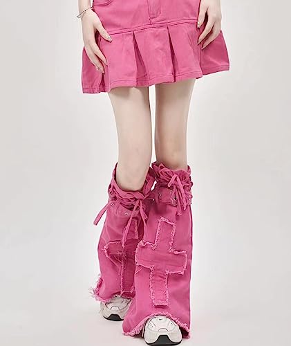 xxxiticat Women's Pink Calf Sock Sleeve Solid Splice Lace Up Bandage Cross Leg Warmer Lokita Y2K Fringe Denim Legsleeve2