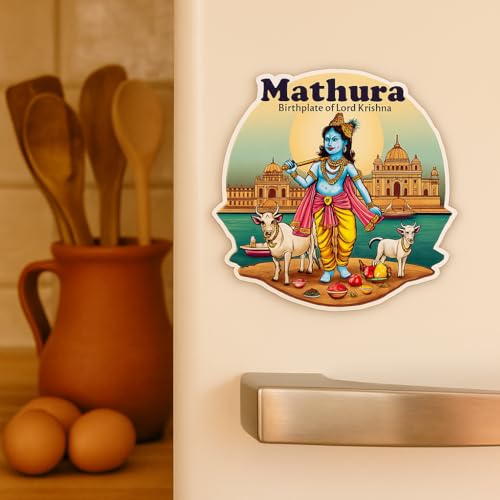Image of Naxon Mathura City Theme Souvenir Wooden Fridge Magnet for Refrigerator - Printed Fridge Magnet for Kitchen & Home Decor | Perfect Souvenir Gift | Size 3x3 in | Pack of 1