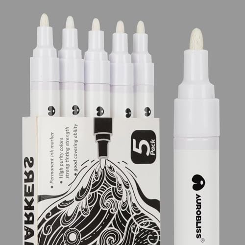 Aurobliss Marqueur Peinture Blanc Pointe Moyenne 2-3mm, 5 Stylo Marqueur pour Pneu, Tissu, Galets, Bois, Verre, Metal, Chaussure, Toile Feutre Blanc Permanent