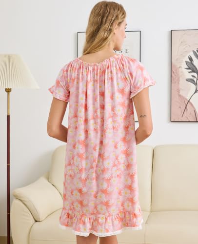 Image of Nanxson Women's Cotton Nightgown Short Sleeve Sleepwear Vintage Nightshirt | Summer Victorian Sleepdress,White Sleepshirt,U Neck Lace Loungewear,Soft Nightshirt,Loose Loungedress,Bride Nightwear
