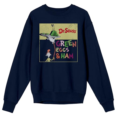 Bioworld Green Eggs & Ham Cover Art Adult Navy Crew Neck Long Sleeve Sweatshirt