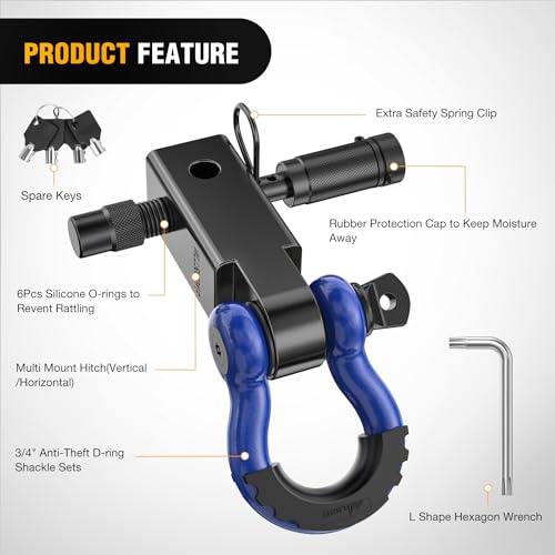Image of Nilight Anti-Theft Shackle Hitch Receiver 2Inch 45000 LBs Breaking Strength 3 /4 inch Anti-Theft D Ring Shackle 5 /8 inch Trailer Hitch Lock Pin Heavy Duty Solid Towing Kit for Trucks Off Road (Blue&Black)