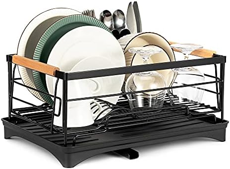 Flaovoth Dish Drying Rack, Dish Drainers for Kitchen Counter Dish Rack with Drying Drainboard and Utensil Holder, Rust-Proof Stainless Steel, Black, 16.65’’L x 11.93’’ W x 6.41’’H