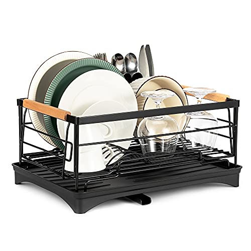 Flaovoth Dish Drying Rack, Dish Drainers For Kitchen Counter Dish Rack With Drying Drainboard And Utensil Holder, Rust-Proof Stainless Steel, Black, 16.65’’L X 11.93’’ W X 6.41’’H #TOP22