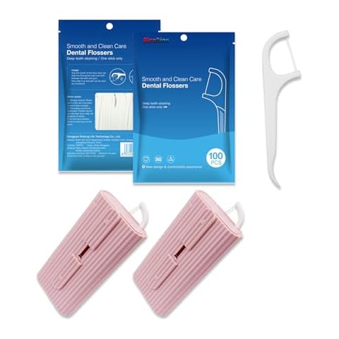 BienBion Floss Pick Holder 2 Case with 20PCS Flossers,Refillable Floss Holder,Portable Floss Dispenser for Home,Travel,Dating Teeth Clean with 100PCS Adult Dental Flossers Refills (A-Pink) Cover