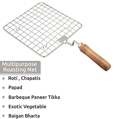 Image of AADHIK Papad Jali Roast With Spatula and Tong, Paneer Grill, Roti Maker, Barbeque Square Jali Roaster Chapati Toast Grill Wooden Handle Vegetable tandoor net, Baigan Bharta