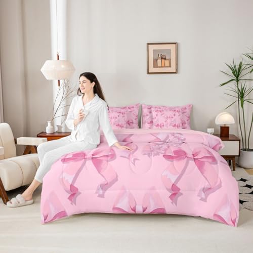 Image of Pink Bow 7 Piece Comforter Set Full Bed in a Bag | Cute Bowknot Bedding Sets Dreamy Princess Style Ribbon Bow Tie Comforter and Sheet Set, Girly Floral Bed Sets,Kawaii Room Decor Aesthetic