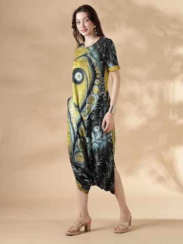 Image of HELLCAT Womens Floral Printed Olive Shoulder Straps Dress | Western A-Line V Neck Midi Dress for Womens