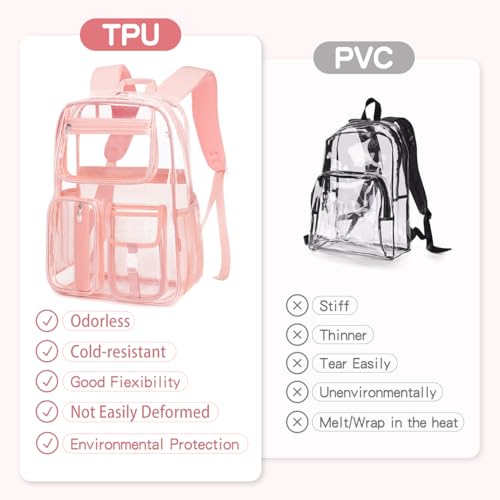 Image of Pink Clear Backpack Heavy Duty For Stadiums Events,16in TPU Girls BookBag | Large capacity See Through Plastic backpack Stitch Durable Design 6-Pocket For School Girl Adults work Airport Quick Security