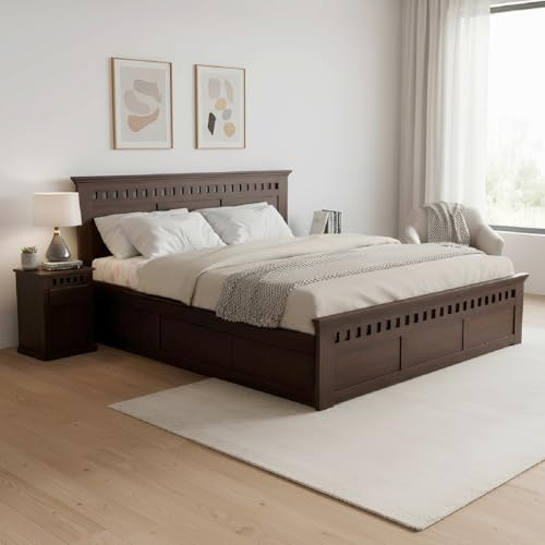 Image of Amazon Brand - Solimo Solid Sheesham Wood Kuber Queen Size Bed with Box Storage + 2 Bedside | Wooden Queen Size Cot Bed | Double Bed with 2 Bedside Furniture for Bedroom (Walnut Finish)