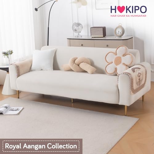 Image of HOKIPO Noor Beige Premium Chenille Jacquard Sofa Armrest Cover - 1 Pair | 'Royal Aangan Series' (IN-1006-L4*2)
