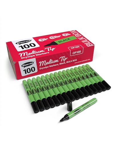 SHOW-ME - Whiteboard Markers | Drywipe, Erasable Black Medium Tip 2mm Line | Classroom Board Writing Pens with 3-Day Cap-off, Box of 100
