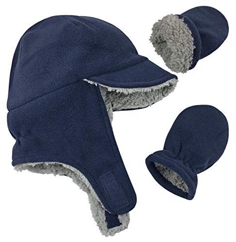 N'Ice Caps Boy Girls Baby Toddler Sherpa Lined Fleece Brim Flap Hat Mitten Set (12-18 Months, Navy Flap Infant)