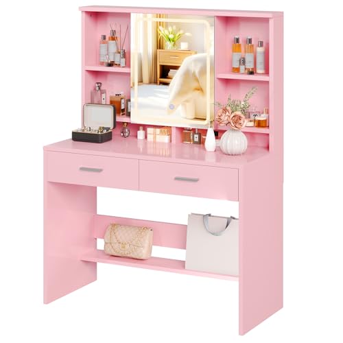 JUMMICO Tavolo Da Toilette Con Illuminazione LED, Specchio E Ganci Per Gioielli. Luminosità Regolabile In 3 Colori. 2 Cassetti E 4 Ripiani Aperti. Ideale Per Camera Da Letto,Rosa