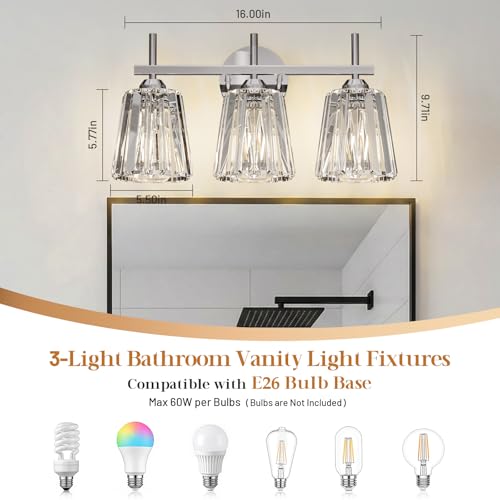 KernLite Crystal Bathroom Light Fixtures Over Mirror, Chrome 3-Light Bathroom Vanity Lights Over Mirror Modern Wall Lighting Sconces with Ceramic E26 Base (Bulbs Not Include) by KernLite - Used condition - Image 2