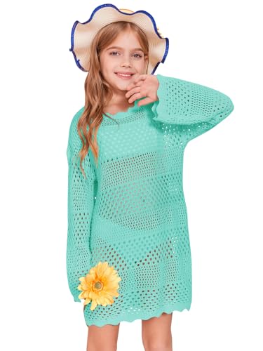 Image of Batermoon Girls Crochet Long Sleeve Swimsuit Cover Up Kids Fashion Hollow Out Swimwear Beach Dress 5-14 Years