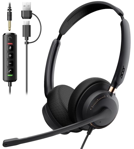 Acer USB Headset with Microphone for PC, Clear Sound Quality for Call ＆ Meetings, Wired Computer Headset for Work, Dual Ear Headset for Office, Laptop, Teams and Call Center Use - USB-A/C & 3.5mm - image 1