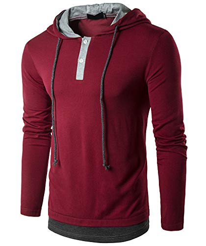 Guoji Men's Casual Slim Fit Long Sleeve T-Shirt with Hooded/Hoodies Tops (B27-Winered Small)
