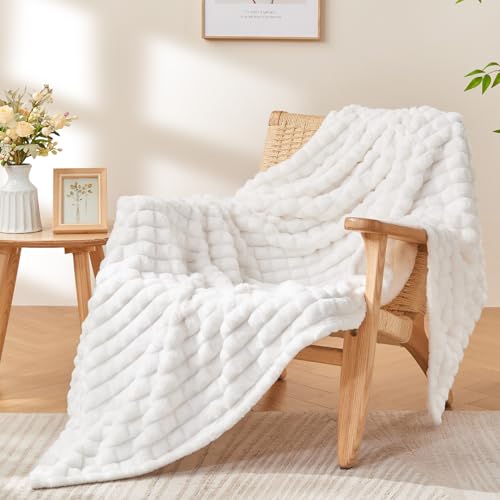Image of BEDELITE 3D Checked White Fleece Throw Blanket for Couch, 50x60 Inches