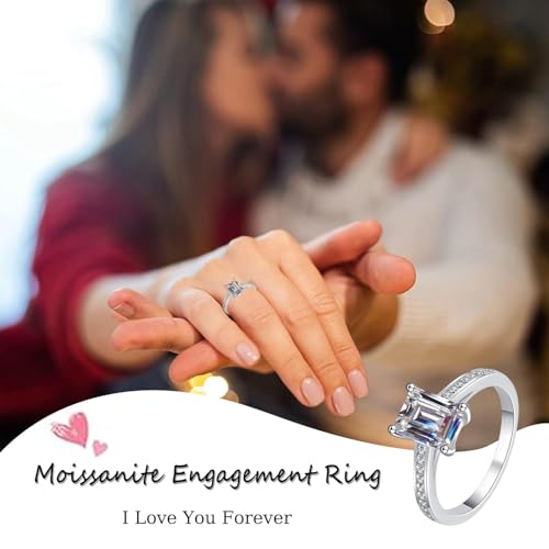 2 Carat Emerald Cut Moissanite Rings, 18K White Gold Plated 925 Sterling Silver Lab Grown Diamond Ring, D Color VVS1 Engagement Rings, Wedding Band Promise Rings for Her3