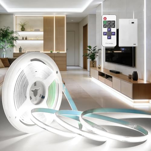BRIMETI Ruban LED Pile 3M COB 6000K Blanc 5V Batterie Dimmable 320LEDs/M Autocollant Bande LED avec Télécommande Flexible Éclairage Découpable Ruban pour Meuble Chaussure Chambre Cuisine Armoire