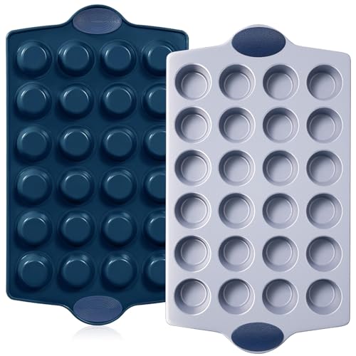 BRONYPRO Ceramic Mini Muffin Pan, 24-Cup Nonstick Aluminized Steel Mini Cupcake Pans, Healthy Non-Toxic Ceramic Coating Muffin Tin, 2 Pack Cup Cake Pans for Baking Blue