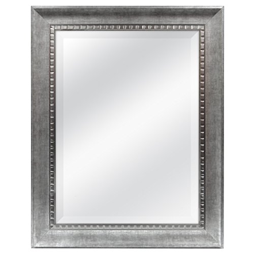 MCS 23.5x29.5 Large Wall Mirror, Sloped Frame with Silver Embossed Detail & Beveled Detail Mirror, Vertical & Horizontal Wall Hanging Mirror for Bathroom, Bedroom & Livingroom
