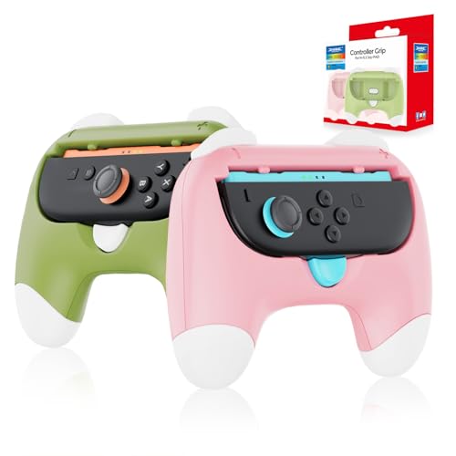 Image of Auarte Controller Grips for Joy-Con Compatible with Nintendo Switch 2, 2 Pack Cute Comfort Wear-Resistant Handle Kit Accessories, Holder for 2025 Switch 2 Joypads(White, Pink and Green)