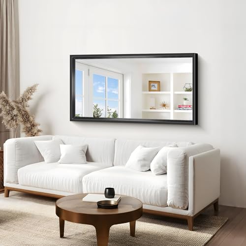 Image of Bathroom Mirror, 30 x 55 Inch Brushed Black Rectangle Mirror, 0.6 inch Thickened Deep Metal Frame Mirrors for Wall Over Sink, Shatterproof Tempered Glass, Antirust, Horizontally or Vertically