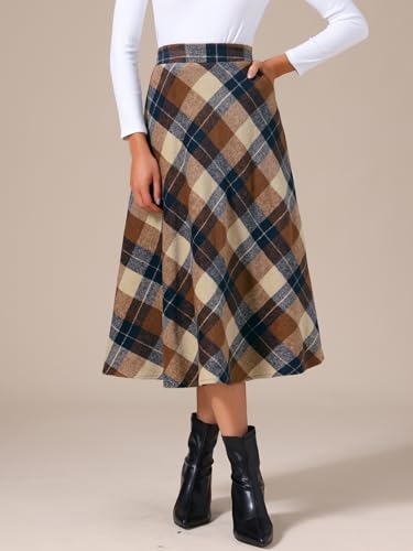 Allegra K Women's Tartan Plaid High Waist A-Line Vintage Pleated Long Skirt with Pockets2
