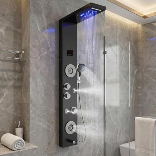 Image of Shower Panels For Bathroom SS 304 Grade 7 in 1 Shower System With Temperature Display Rainfall Shower | 3 Function Hand Shower |Hot & Cold Water Adjustable | Body Mist Spray | Water Spout (Black)