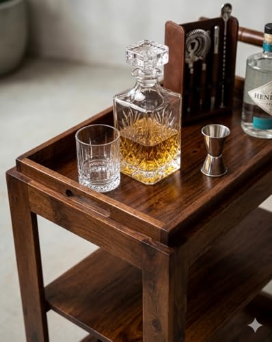 Image of Solid Wood 3-Tier Rolling Bar Cart | Mobile Kitchen Island & Serving Trolley with Removable Top Tray & Integrated Bottle Holder Wine Serving Trolley| Brown Finish