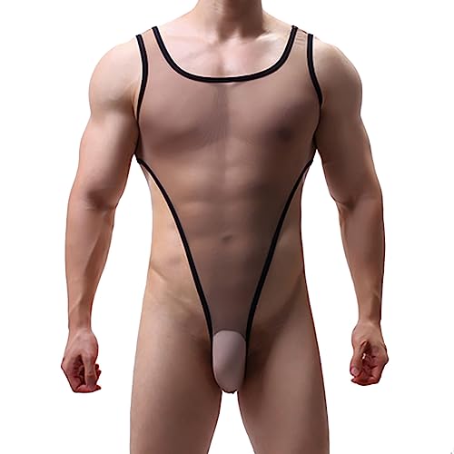 Body de malla para hombre sexy con cuello redondo, transparente, de una pieza, color liso, transparente, para hombre, caqui, M