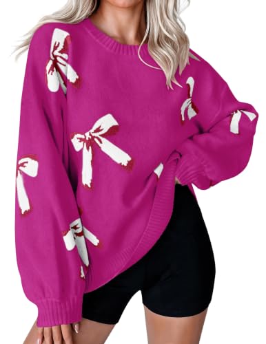 Image of Libsorge Womens Oversized Cute Bows Crewneck Pullover Sweater | Fall Winter Trendy Long Shoulder Balloon Sleeve Cozy Knit Baggy Printed Dressy Casual Valentines Day Vintage Sweaters