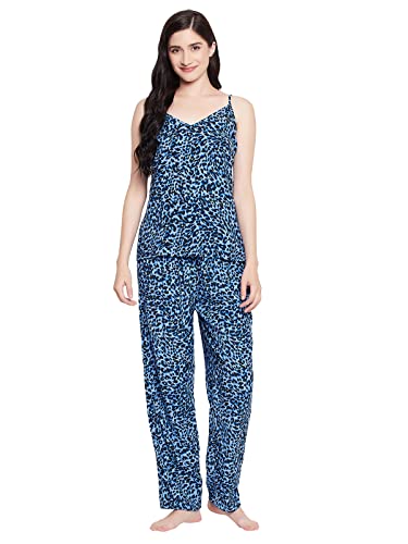 Image of Clovia Women's Cotton Animal Print Cami Top & Pyjama Set in Blue