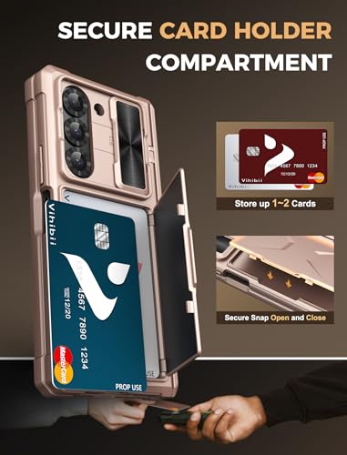 Image of Vihibii for Samsung Galaxy Z Fold 6 Case with Card Holder & Camera Cover & Hinge Protection & Screen Protector, [Military Grade Drop Protection] Heavy Duty Rugged Wallet Case for Z Fold 6, Rose Gold