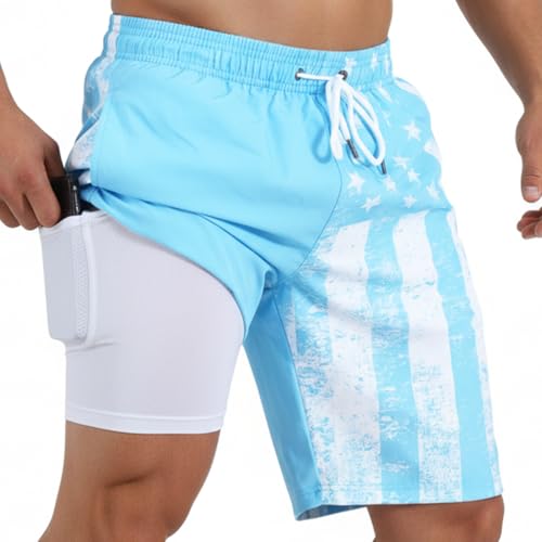 9 Inch Men Swim Trunks with Compression Breathable Liner Quick Dry Zipper Pockets for Water Beach Travel Cruise Small Palm Blue