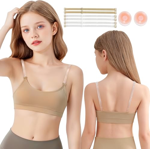 MOLLDAN Dance Bra for Girls 8-16 Years Ballet Gymnastics Sports with Adjustable Straps,Lining,Silicone Pads(8E-18-1-L) Beige