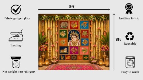 Image of Wedding Decoration Backdrop | Baby Krishna Janmashtami Backdrop Cloth with Holy Cow and Elephant Art 8x8 Feet | varalakshmi Background Decoration Cloth