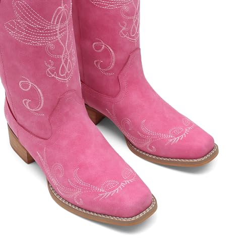 Image of DREAM PAIRS Women's Square Toe Cowboy Cowgirl Boots Pull On Low Chunky Heel Mid Calf Western Boots with Embroidered Stitched for Theme Party Country Concert