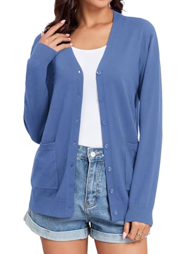 Image of Women's Lightweight Button Down Cardigan Sweaters Long Sleeve Classic V Neck Knit Soft Shrugs with Pocket