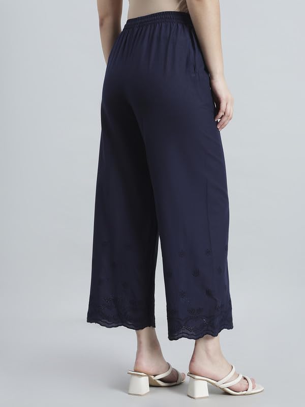 Image of GO COLORS Women Cotton Hakoba Wide Pant Ankle Length, Floral Embroidery, Relaxed Fit, Mid-Rise with Side Pocket