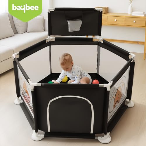 Image of Baybee Neo Plus Kids Playpen for Babies | Baby Activity Playards with Basket Ball Hoop, Zipper Door & Corner Protection | Baby Play Area Indoor Setup with Hexagon shape for Extra Space | Outdoor Play Pen for Baby up to 5 Years (Black)