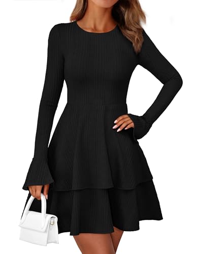 PRETTYGARDEN Womens Fall Fashion 2025 Long Bell Sleeve Mini Sweater Dress Casual Crewneck A Line Knit Short Cocktail Dresses3