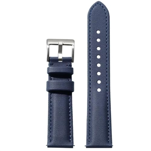 YHMOO Sailcloth Waterproof Watch Strap Nylon Pattern Cow Leather Wristwatch Band Quick-Release Spring Bars, Brushed Stainless Buckle, 20mm, 22mm (Blue, 22MM)